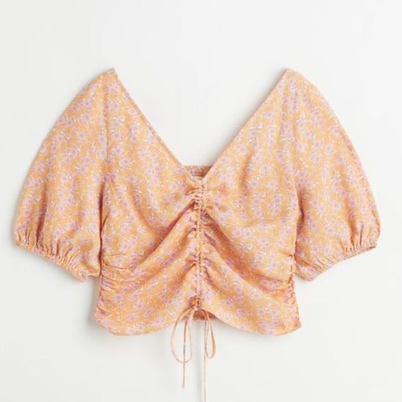 H&M Orange Small Flower V-Neck Drawstring Blouse - Picture 3 of 8